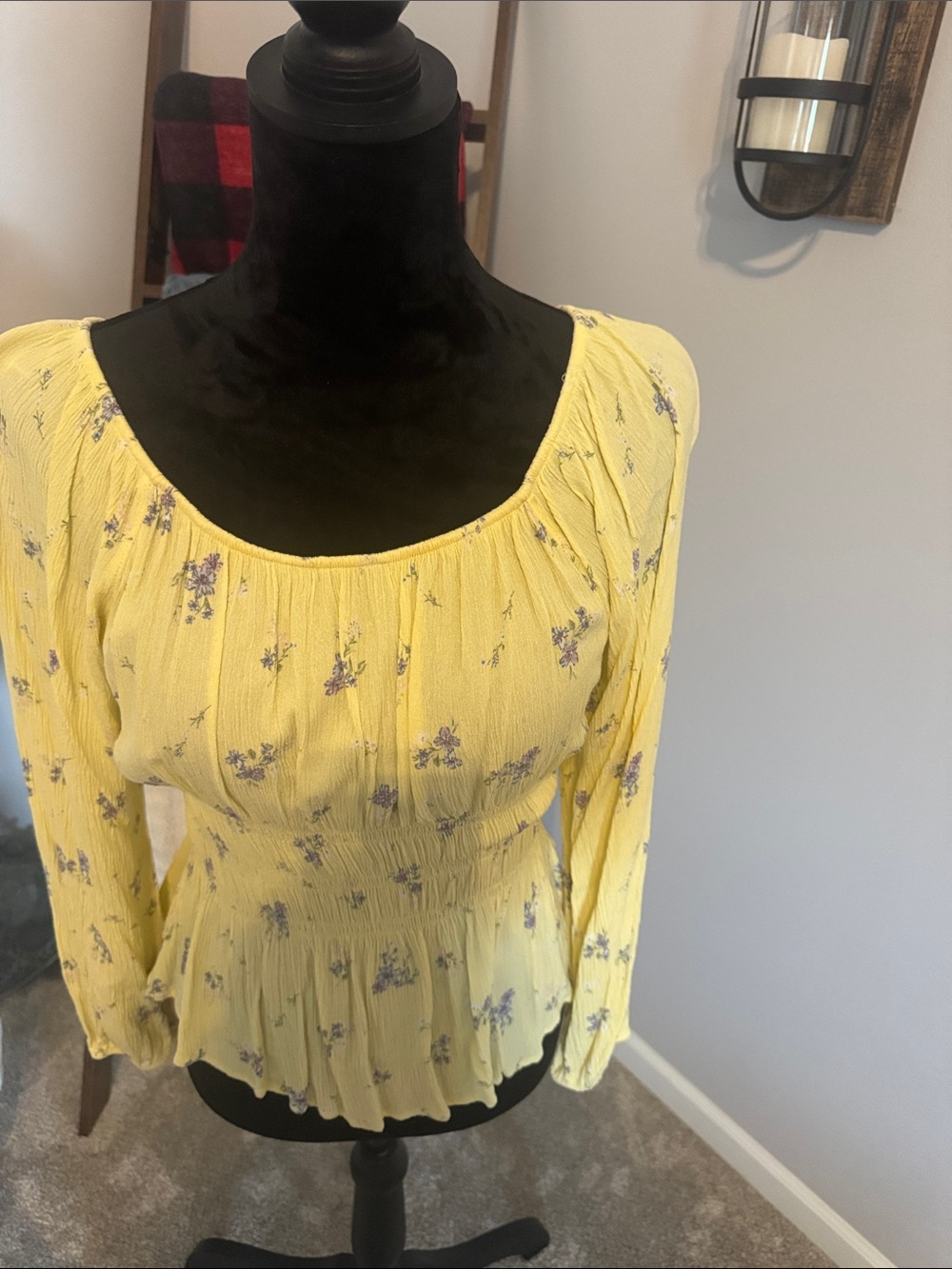 Hippie Rose Yellow Floral Smocked Waist Peasant Blouse